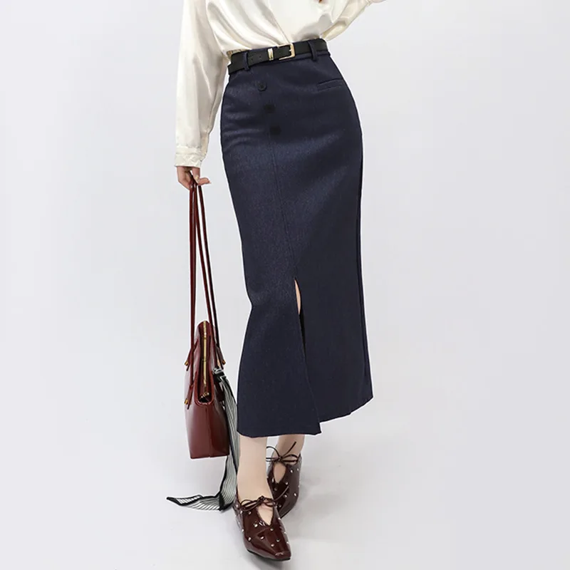 French Elegant Minimalist Red Bodycon Pencil Skirt Women Spring Belt Slit Blazer Skirt Chic Office Versatile Straight Midi Skirt
