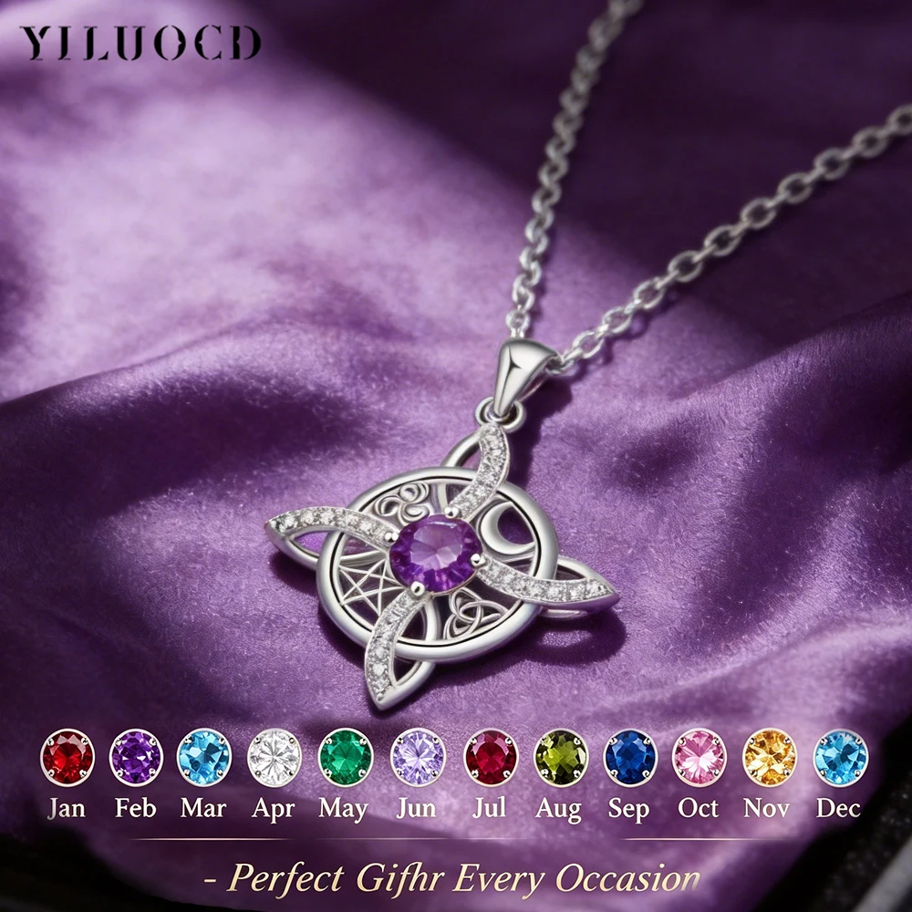 Collar con Nudo de Bruja y Piedra Natal Mística, Collar con Nudo de Estrella y Luna de Cristal Natural, Amuleto Triskelion Pentáculo, Joyería Pagana Wiccan