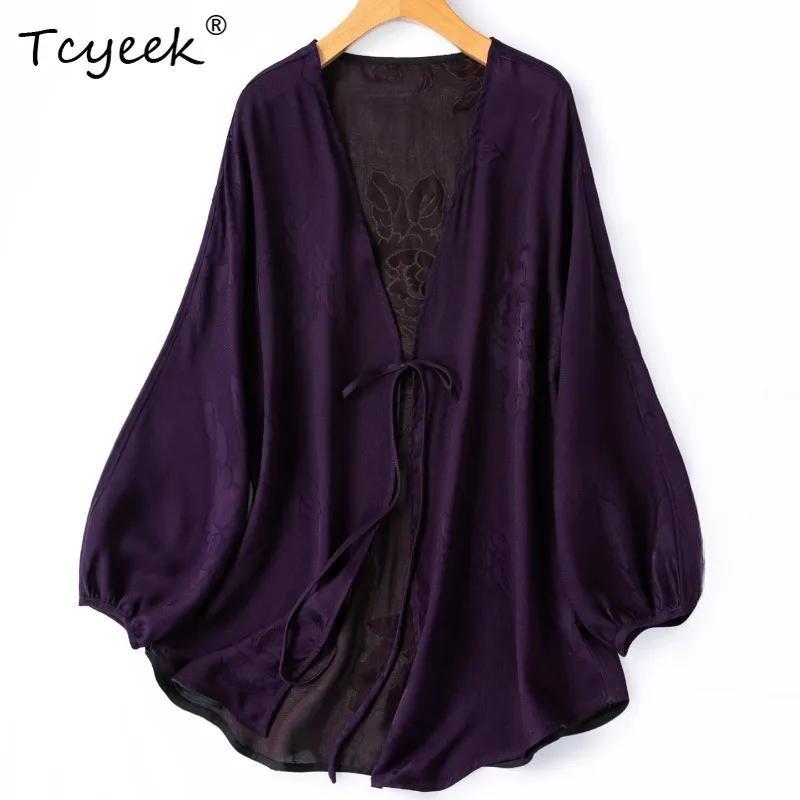 Tcyeek 100% Real Silk Women Blouses 2026 Spring Summer Breathable Loose Laced-up Lantern Sleeve Top Woman Clothing Chemise Femme