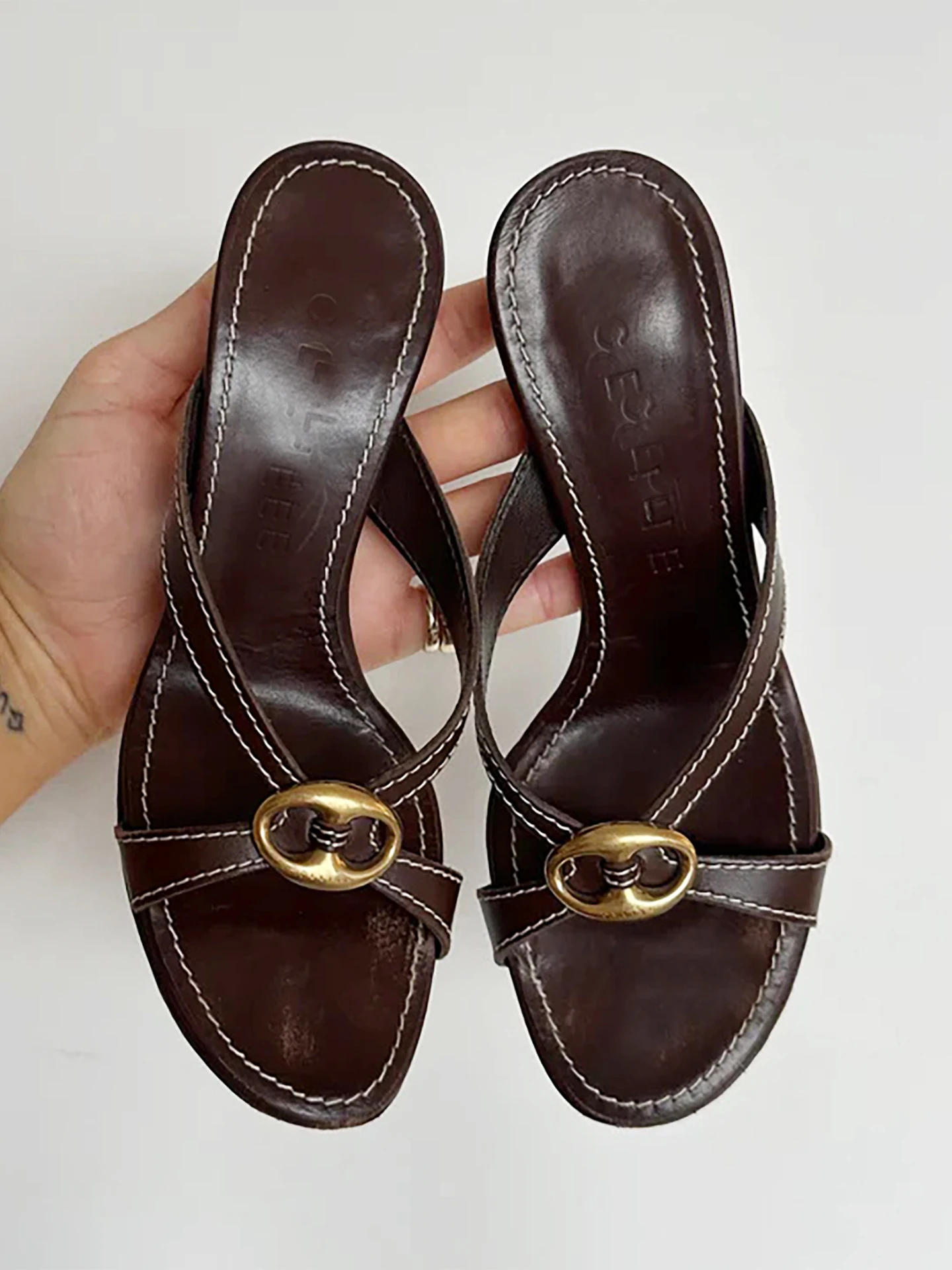 

Vintage Brown High Heel Sandals Metal Bule Ele Design Retro Faion Low Cut Slip-On Ladies oes Summer Anti-Slip