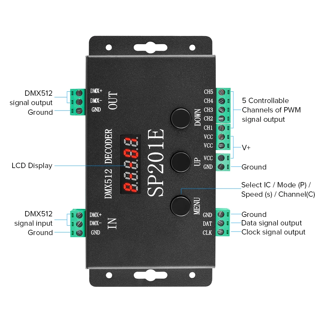 SP201E DMX512 WS2812B WS2811 DMX do kontrolera SPI dekoder 5CH PWM SPI pikseli LED listwa oświetleniowa RGB RGBW CCT FCOB DC5V-24V