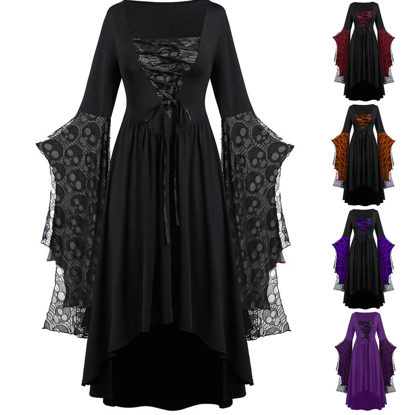 

5XL Plus Size Vintage Halloween Cosplay Costume Witch Vampire Gothic Dress Party Printed Medieval Ghost Bride Women Clothes