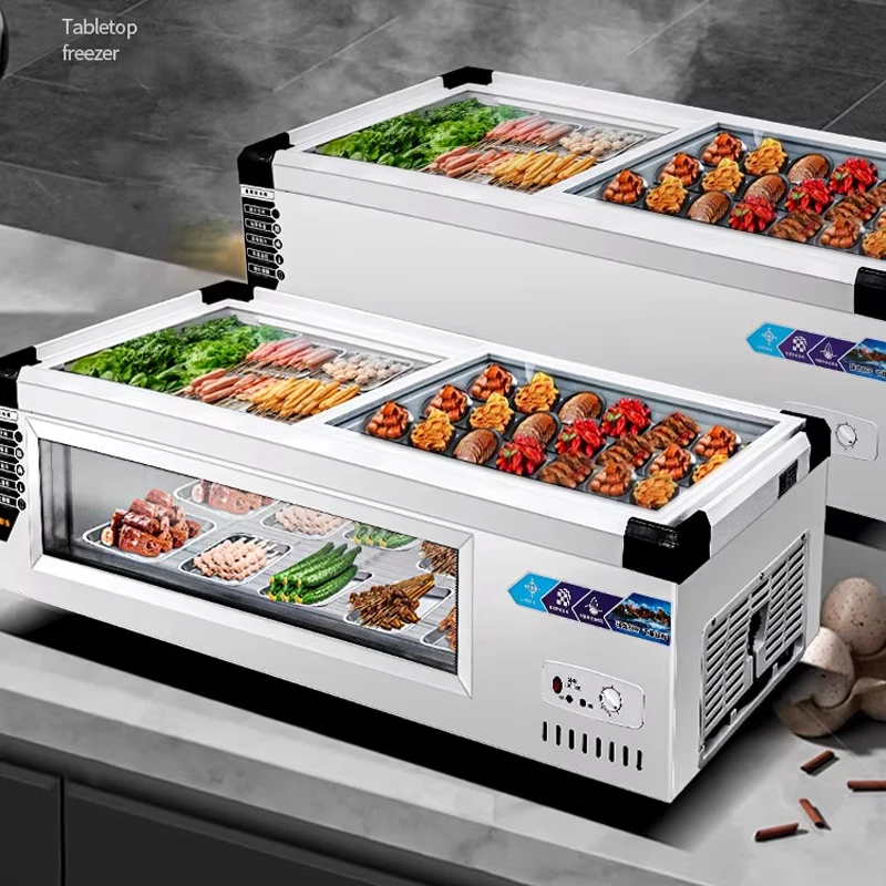 Lemari Display Berpendingin Meja 1M/1.2M, Freezer Kios Bergerak Penjaga Kesegaran dan Pembekuan, Tusuk Sate Goreng dan Display Barbekyu