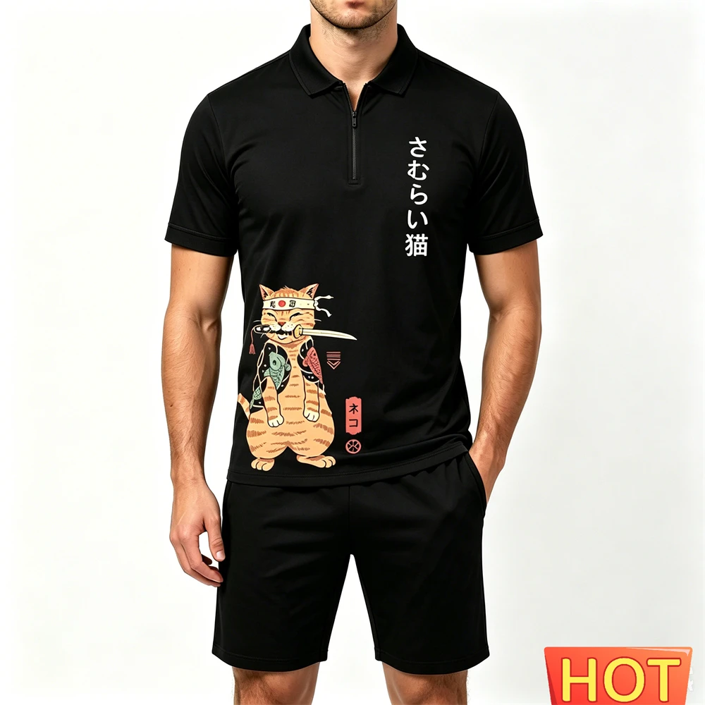 Summer Men's Sets Fashion Zip Short Sleeve Polo Shirt and Shorts 2 Piece Japan Samurai Cat Pattern Man Outfit Casual Loose Suit view 2