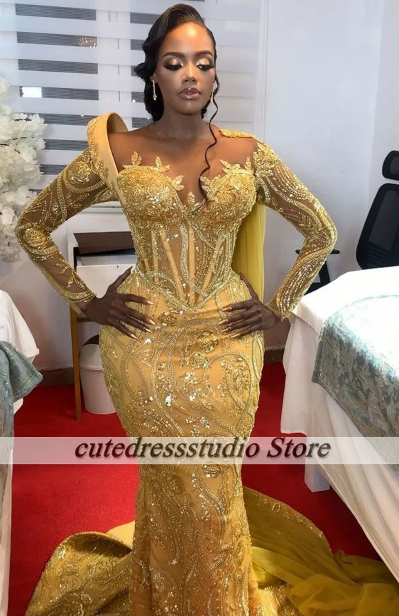Abendkleider Luxus 2025 Elegant Gold Evening Dresses Long Sleeves Sequin Beading African Mermaid Wedding Party Dress Customized image 3