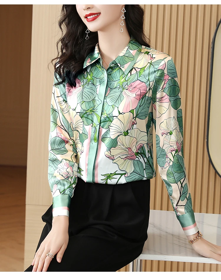 ZAROY Luxury Satin Women's Shirt Green Lotus Print Long Sleeve Lapel Blouse Elegant Vintage Chic Office Wear Camisas Streetwear