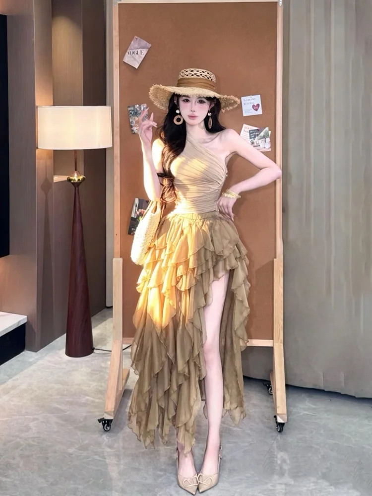 

Sweet Style Asymmetrical Shoulder Pleated Top And Long Skirt Two Piece Set for Women Holiday Wear Spring Summer Fashion