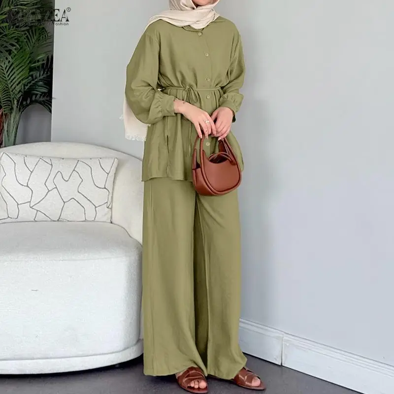 Islamic Muslim Sets Women Tie-Waist Long Sleeve Shirt & Wide Leg Pant 2 Piece Matching Sets ZANZEA Hijabis Modest Casual Co-ords