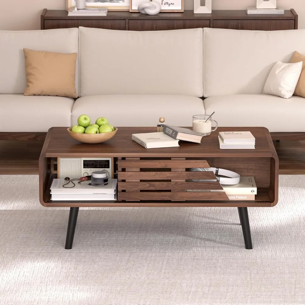 

Mid-Century Modern Living Room Coffee Table with 39.4 Fluted Design, Sliding Door Storage, and Open Shelves