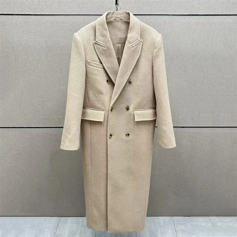 Damski trencz 2026 Dwurzędowy, dopasowany, z klapami, długa kurtka, mieszanka wełny, wiatrówka, casualowy płaszcz damski, odzież wierzchnia w stylu y2k