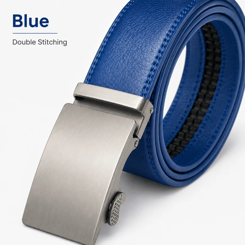 Men's PU Leather Ratchet Belt Automatic Buckle, Alloy Adjustable Belt Yellow Blue Strips, Casual Jeans Dress Formal Suit Gift