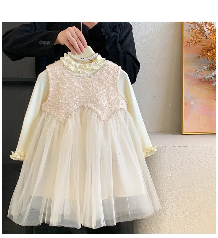 2026 New Baby Girls Fall Long Sleeve Sets,   Blouse + Sequined  Vest Mesh Dress  Princess Sweet Suits  2-6 T