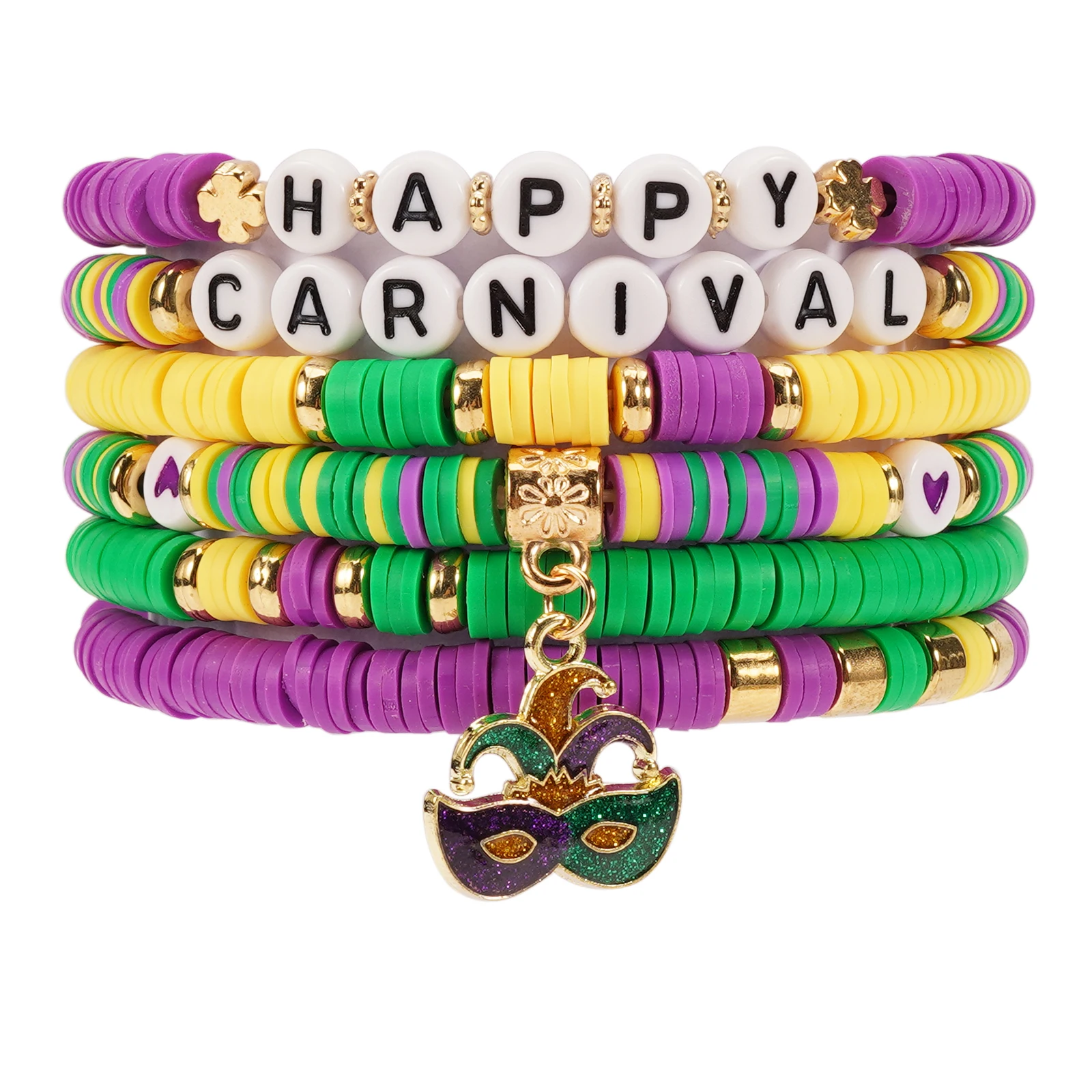 Mardi Gras Bracelets for Women Glitter Mask Crown Fleur De Lis Charm Bracelets Purple Green Beaded Stretch Carnival Bracelets