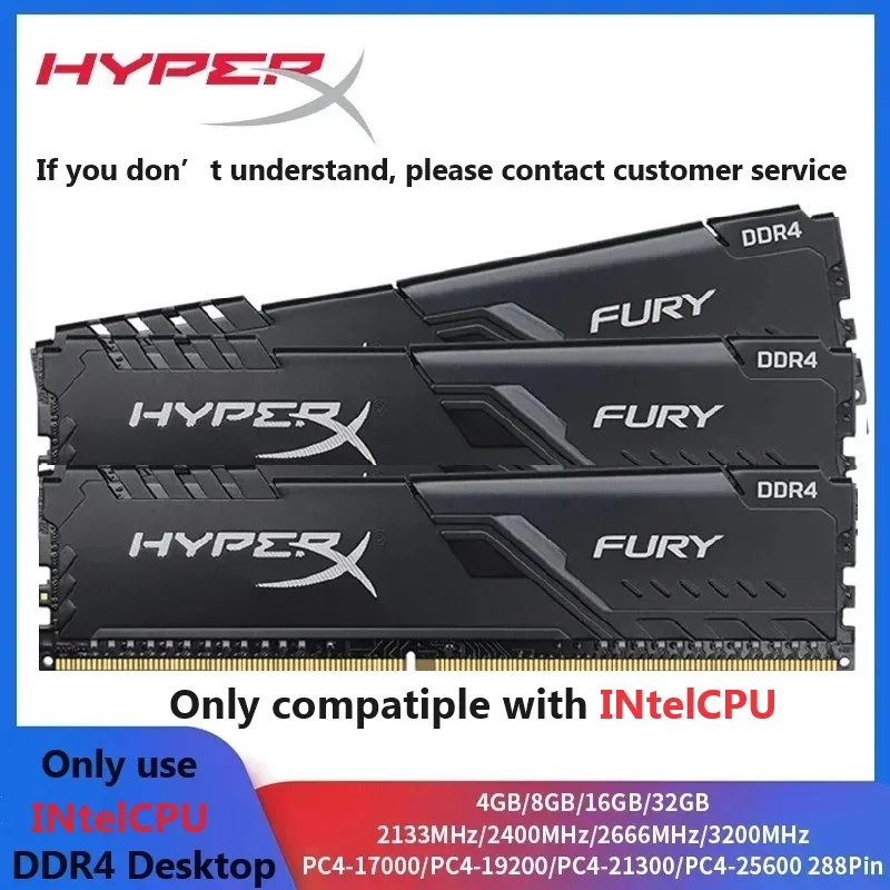 HyperX Fury 데스크탑 메모리 RAM, 인텔 CPU 메모리, DDR4, 4GB, 8GB, 16GB, 2400, 2666MHz, 3200MHz, 288 핀, 인텔 CPU 전용