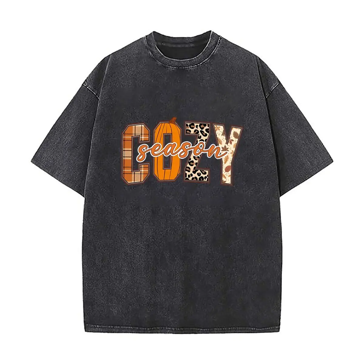 Cozy Season Fall Plaid Pumpkin Leopard Leaves Decor Distressed Vintage Oversized Streetwear Tops for Coffee Dates