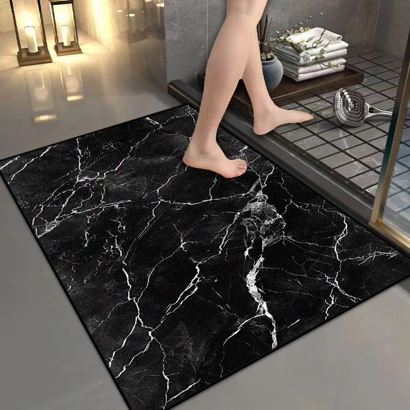 Black White Marble Non-slip Bathroom Carpet Decoration Bedroom Living Room Fluffy Rug Easy Cleaning Short Velvet Luxury Foot Mat
