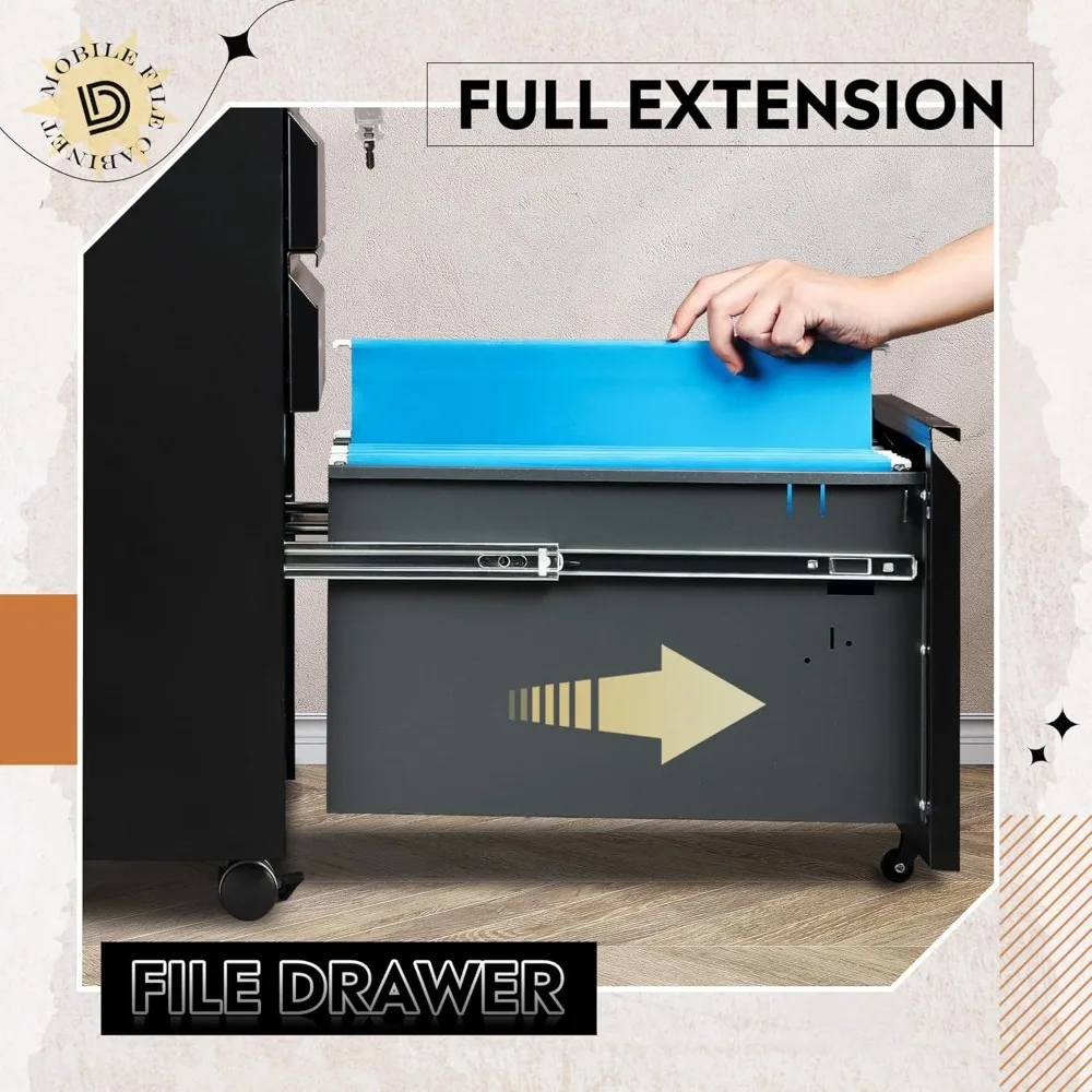 خزانة ملفات متنقلة ذات 3 أدراج للمكتب، حجم حرف/قانوني، مجمعة، باللون الأسود