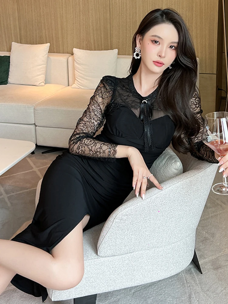 Spring Elegant Sexy Dresses for Women 2023 Black Sheer Lace Midi Dress Bow Hollow Bodycon Slit Robe Office Banquet Party Vestido