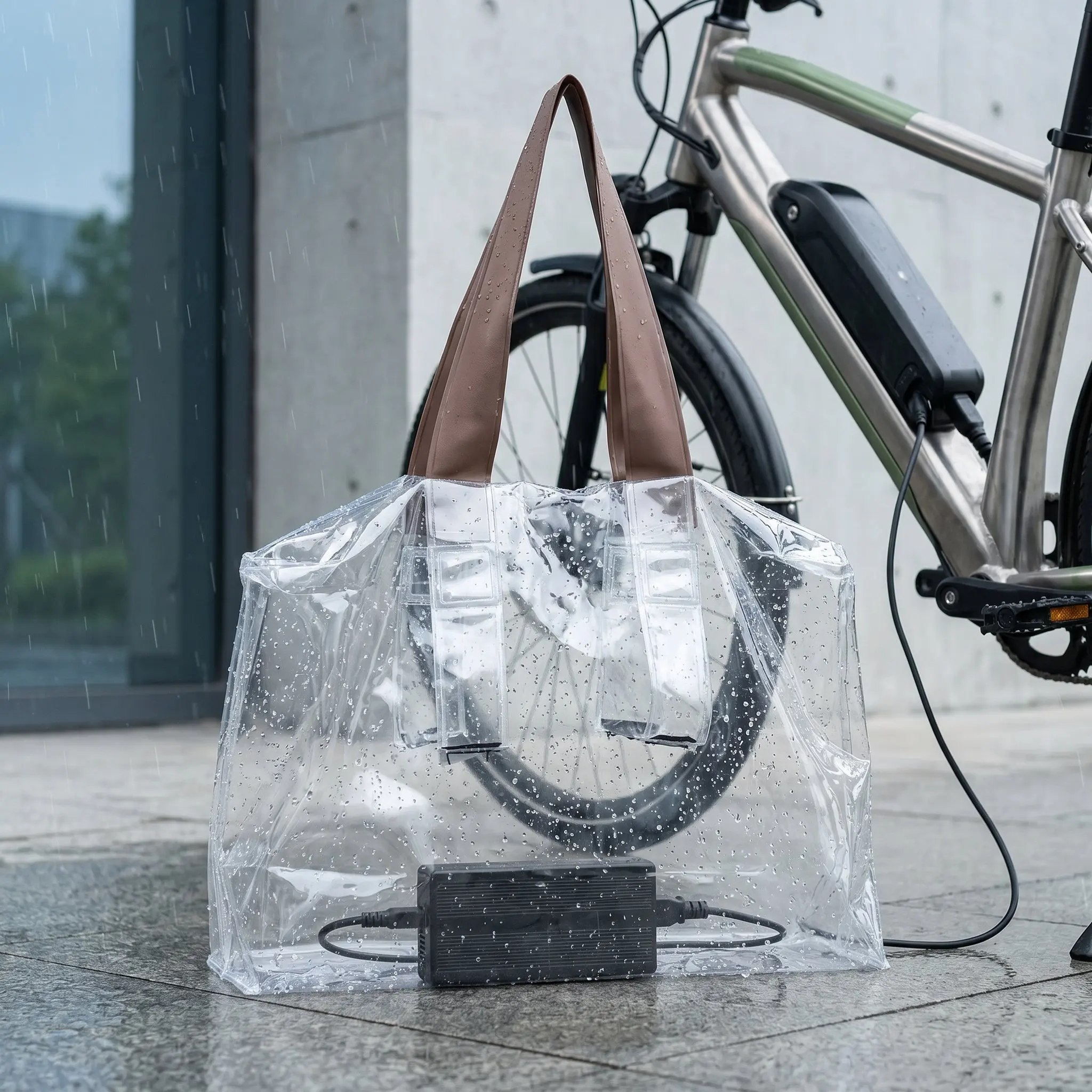 Electric Bike Charger Transparent PVC Waterproof Storage Pouch Rainproof Cover Hanging Strap Outdoor Charging Port Protective