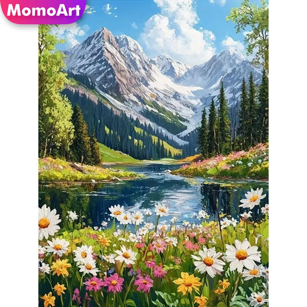 Momoart DIY Diamantmalerei Berglandschaft Neuerscheinung Diamant-Mosaik Fluss-Blumen-Stickerei Wohnzimmer-Kunsthandwerk