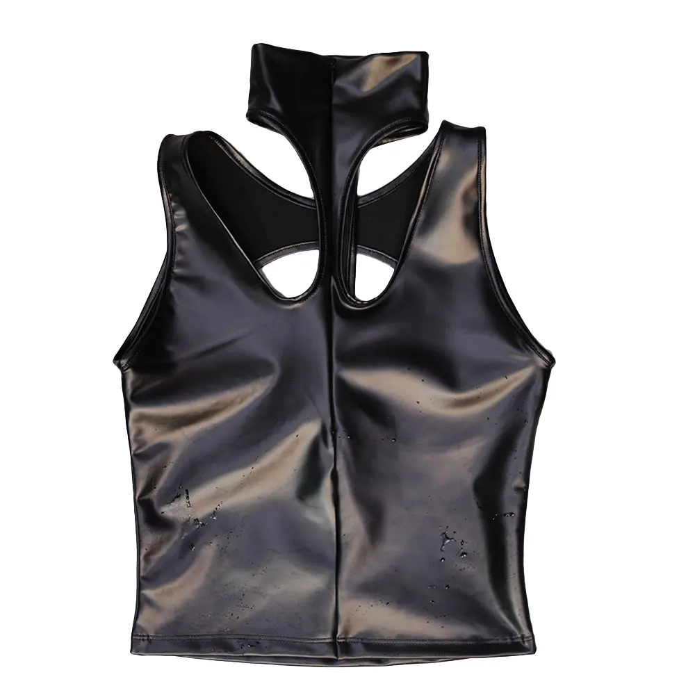 Sexy Latex PU Faux Leder Aushöhlen T-shirt Öl Glänzende Engen Tops Bandage Offene Büste Elasitc Erotische Trikot Punk Dance tragen