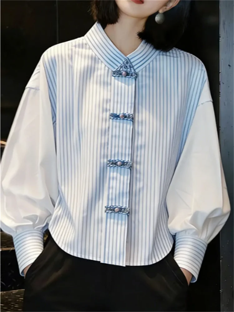 Striped Blouse Ladies Lantern Sleeve Shirt Vintage Button Closure Loose Woman Clothes Shirt Stand Collar Blous Tops
