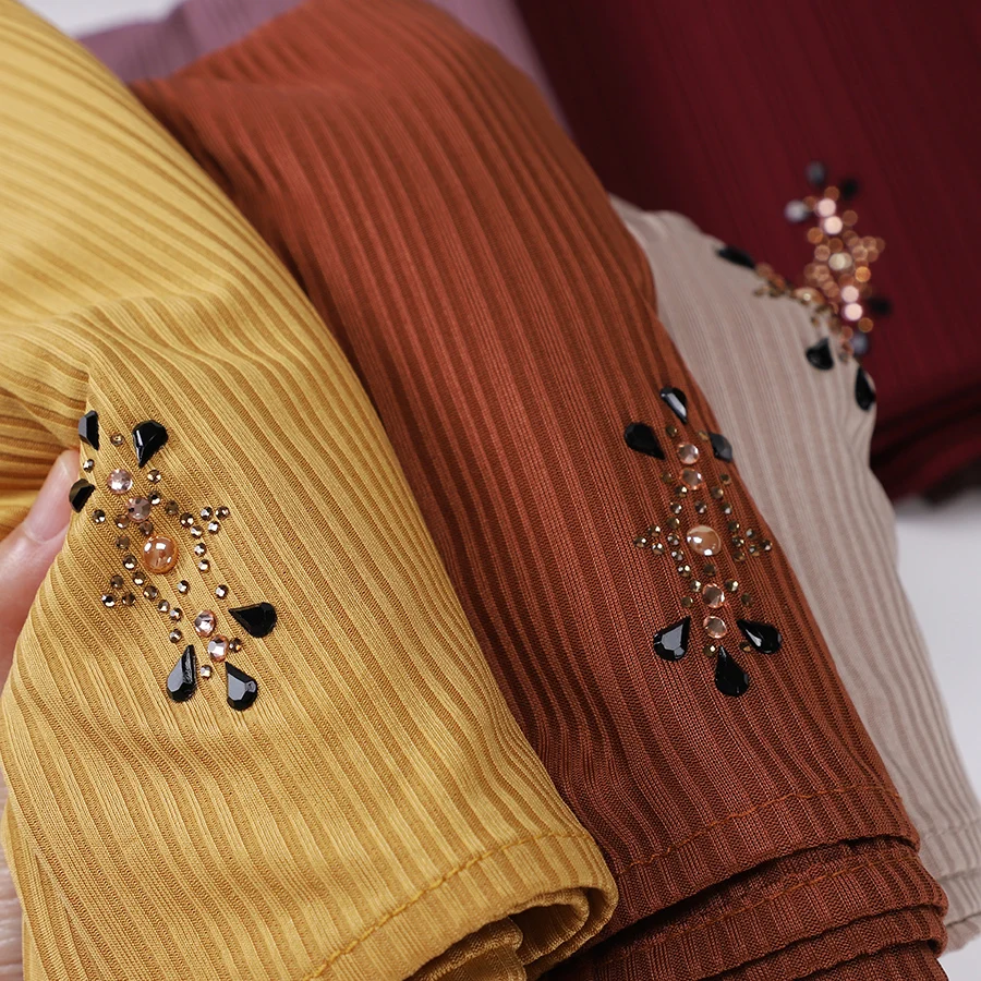 Fashion Ribbed Jersey Hijab Muslim Plain Scarf Crepe Rhinestone Hijab Soft Islamic Shawls Wraps Headband for Women image 3