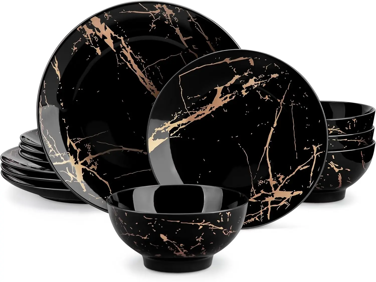 

Plates and Bowls Sets for 4, 12 Pieces Porcelain Dinnerware Sets, Black and Gold Dish Set Gold Splash Dishware Sets, Dis
