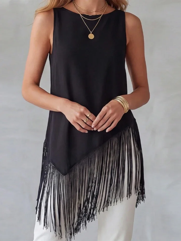 Chic Ribbed Knit Asymmetric Hem Tank Top Sleeveless Fringe Trim Round Neck Back Keyhole Closure Casual Summer Tops For Women