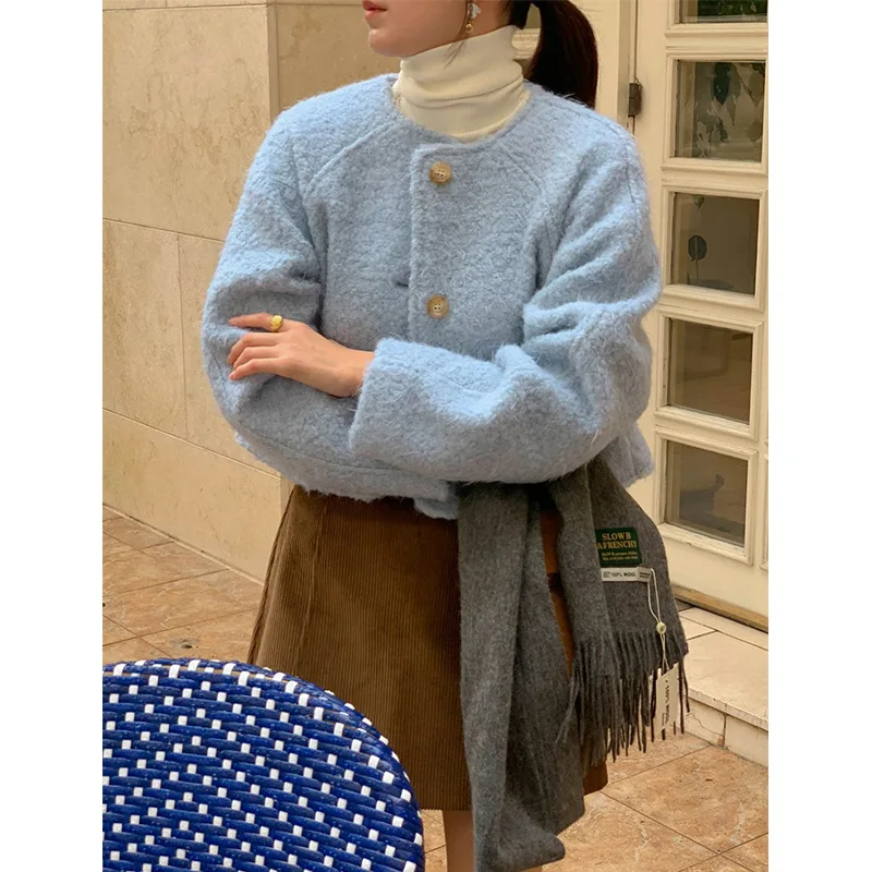 

French Gentle Loose Crew Neck Hair Small Fragrant Wind Wool Solid Color Woolen Short Jacket Women