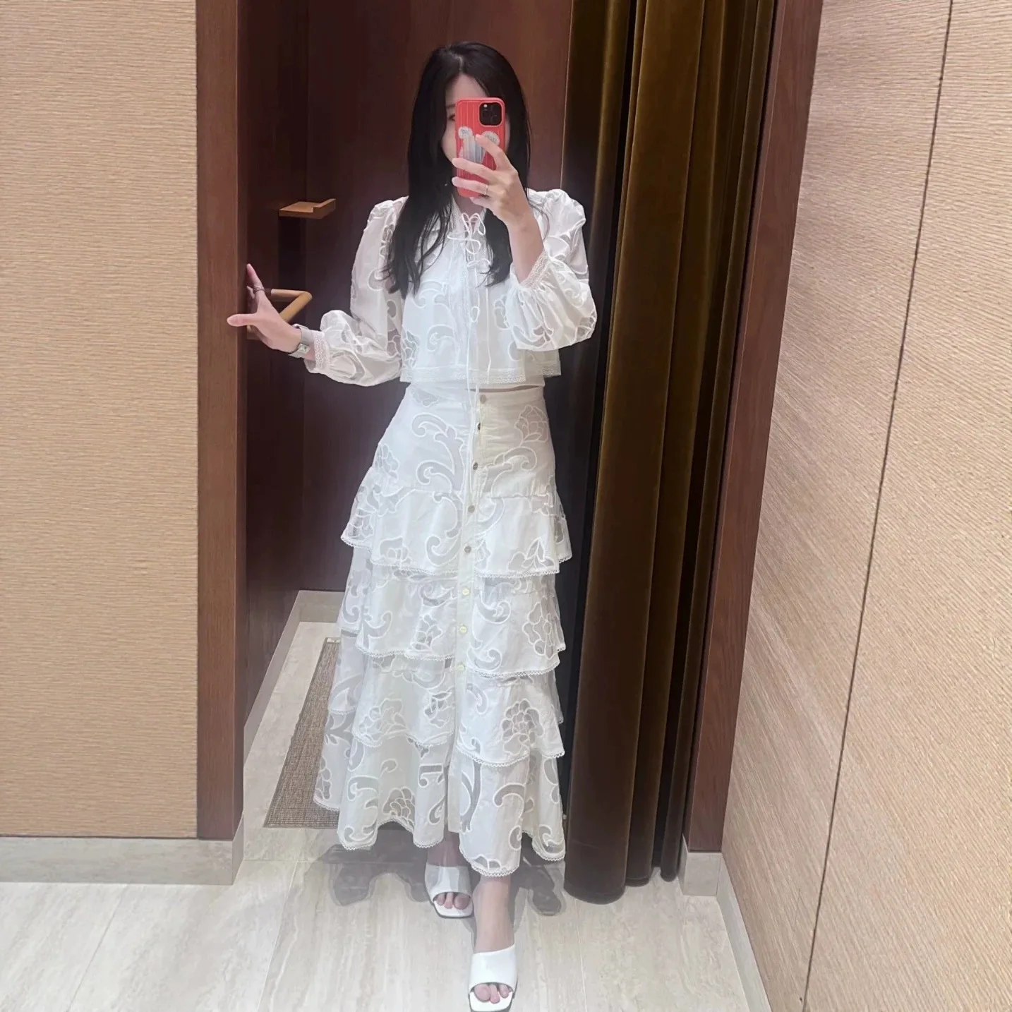 

Embroidered Lace Women's Shirt Lace-Up V-Neck Top + Multi-Layer Spliced Single Breasted High Waist Midi Skirt
