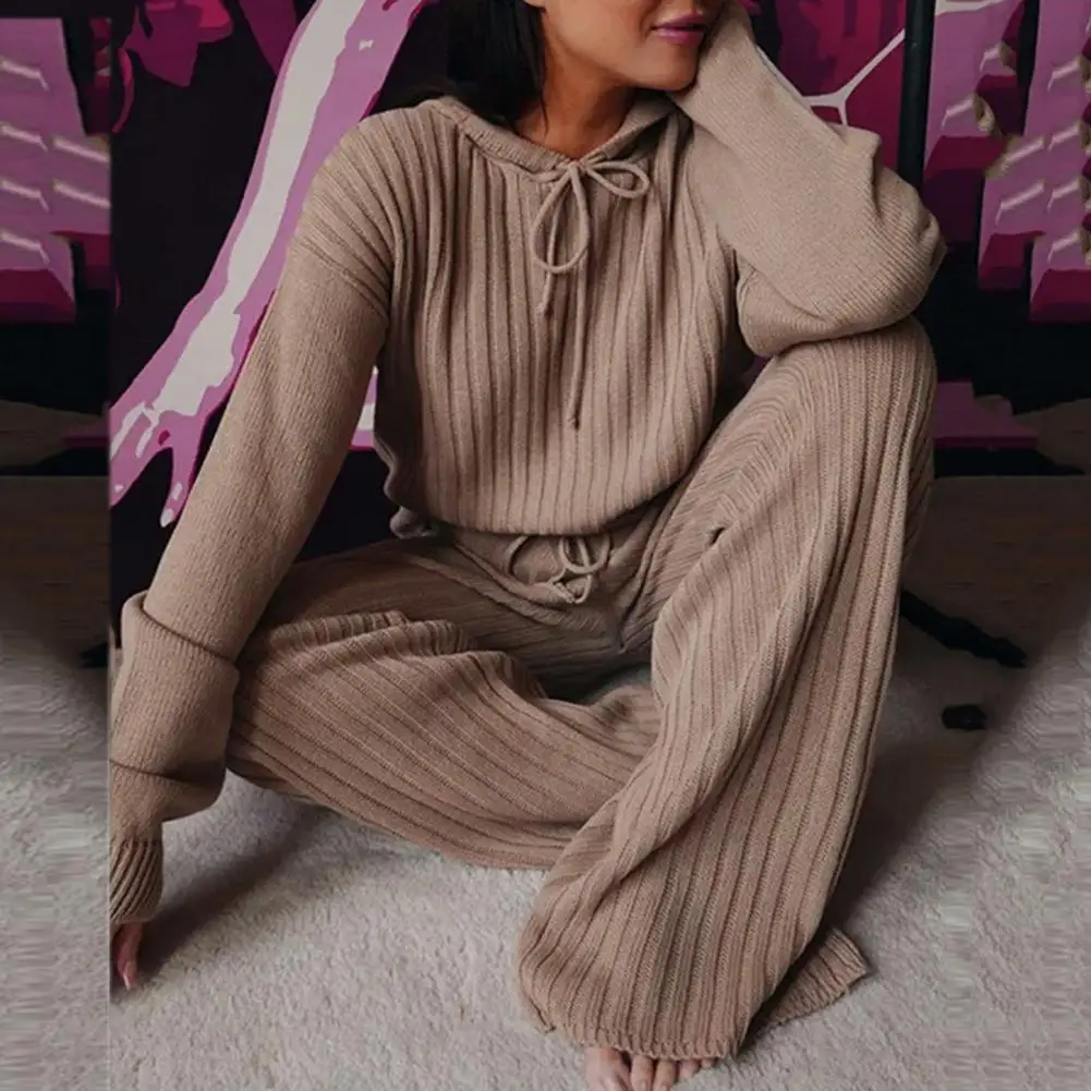 Sweater Trousers Set Two Piece Set Women Outfit Floor-Length Pure Color  Stylish Women Oversize Knitted Outfit Tracksuit