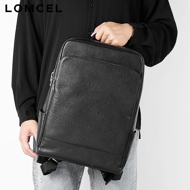 LOMCEL and fashionable genuine cowhide leather double-shoulder bag for men, 16-inch laptop backpack, tanned leather large capaci