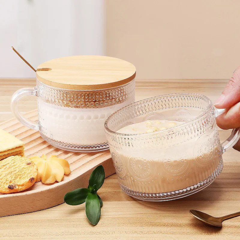 

4PCS Transparent Embossed Cups Creative With Handle Glass Breakfast Cup Oatmeal Cup Подсветка Ensaladeras Cocina De Cristal