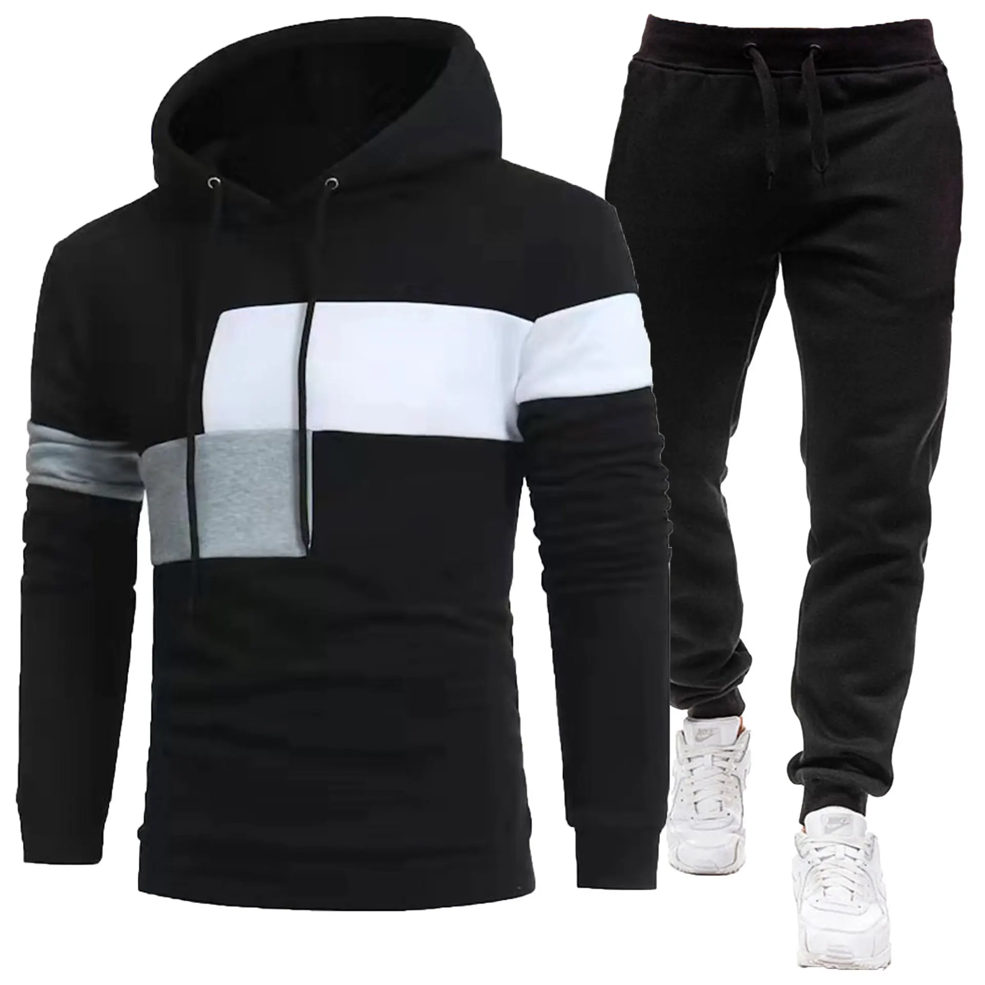 2025 New Winter Men Plush Hooded Tracksuit Color Block Fleece Lined Warm Jogger Set Casual Outdoor Sportswear Hoodie Pants