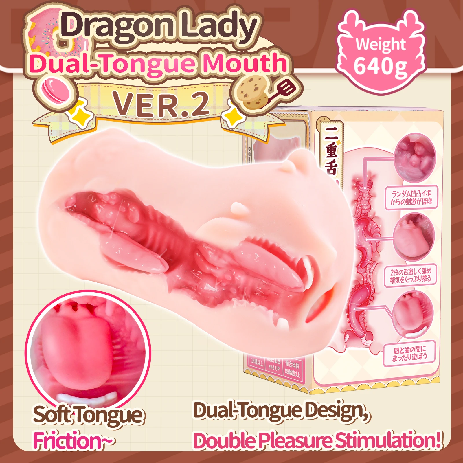 YUU Dual Tongue Mouth Masturbators for Men Deep Throat Blowjob Masturbation Toy with Soft Tongue Realistic Horns Scales Oral Sex