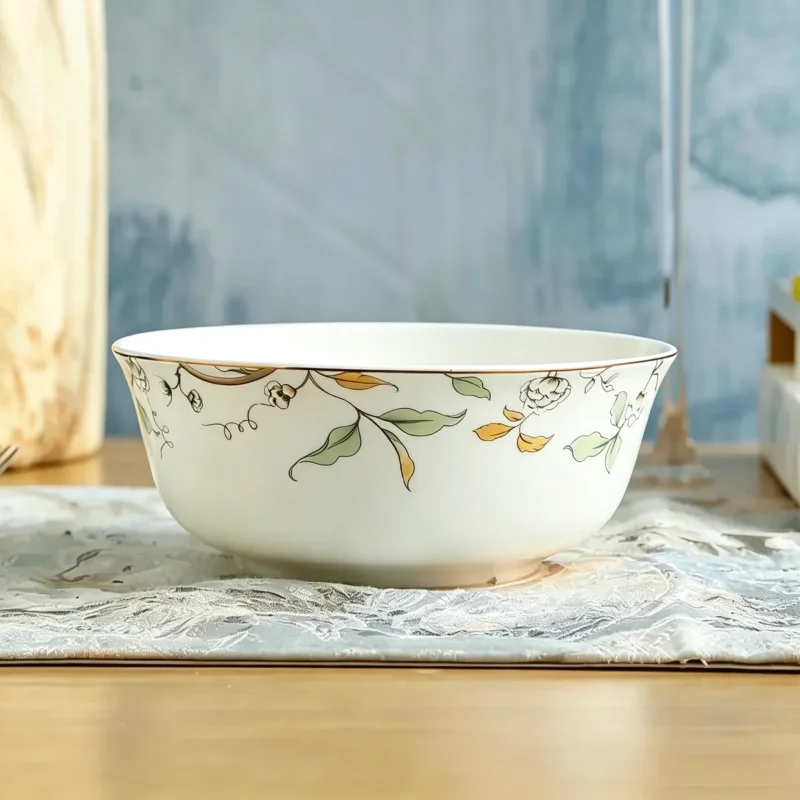 6 inch, fine bone china clear bowl, ceramic salad ramen noodle bowl, leaf golden string designed, microwave oven safe