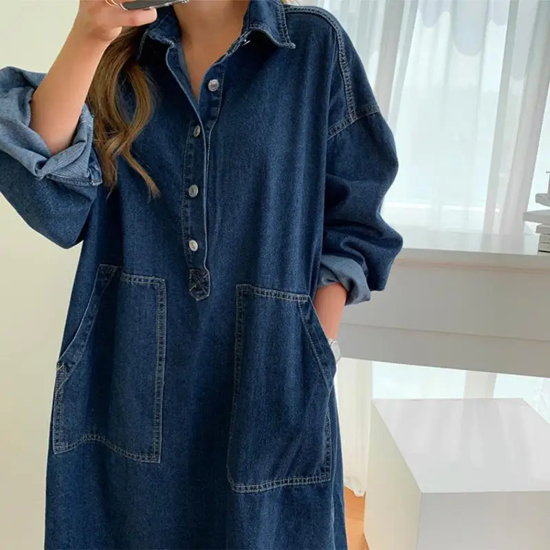 Long Dress Women Denim Dresses Turn Down Collar A Line Vestidos Maxi Mom Jeans Streetwear Casual Loose Y2k Summer 2025 Party - Image 3