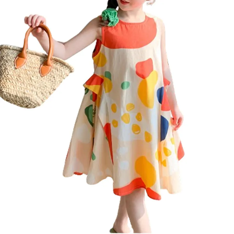 Elegant Fashion Harajuku Slim Fit Children Clothes Loose Casual All Match Sundress O Neck Printed Sleeveless Princess Dress