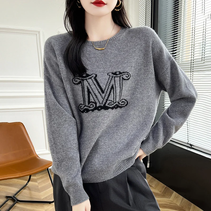 

Women's Large Size 100% Merino Wool Knitted Sweater O-Neck Loose Inlaid Pullovers Fashion Warm Joker Bottoming Shirt Autumn 2025