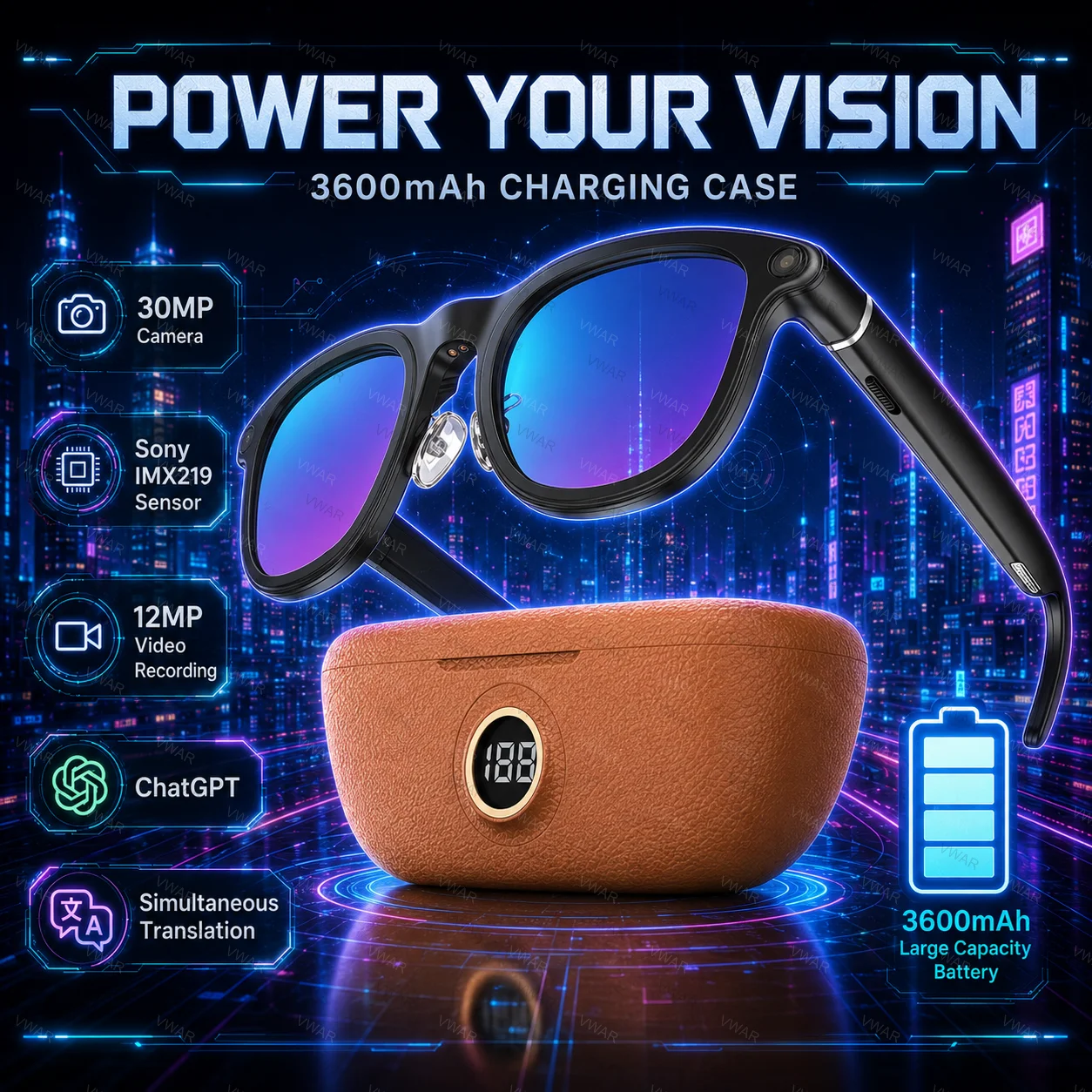 2026 New 800W 4K Camera Smart Glasses Men 1080P Photos&Videos 3600mAh Power Bank 150+Languages Translation AI Glasses Women