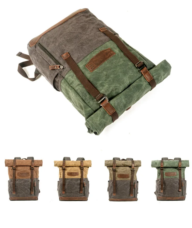 

European & American Style Vintage Oil Wax Canvas Backpack Contrast Color Outdoor Hiking Bag Large Capacity Student Schoolbag