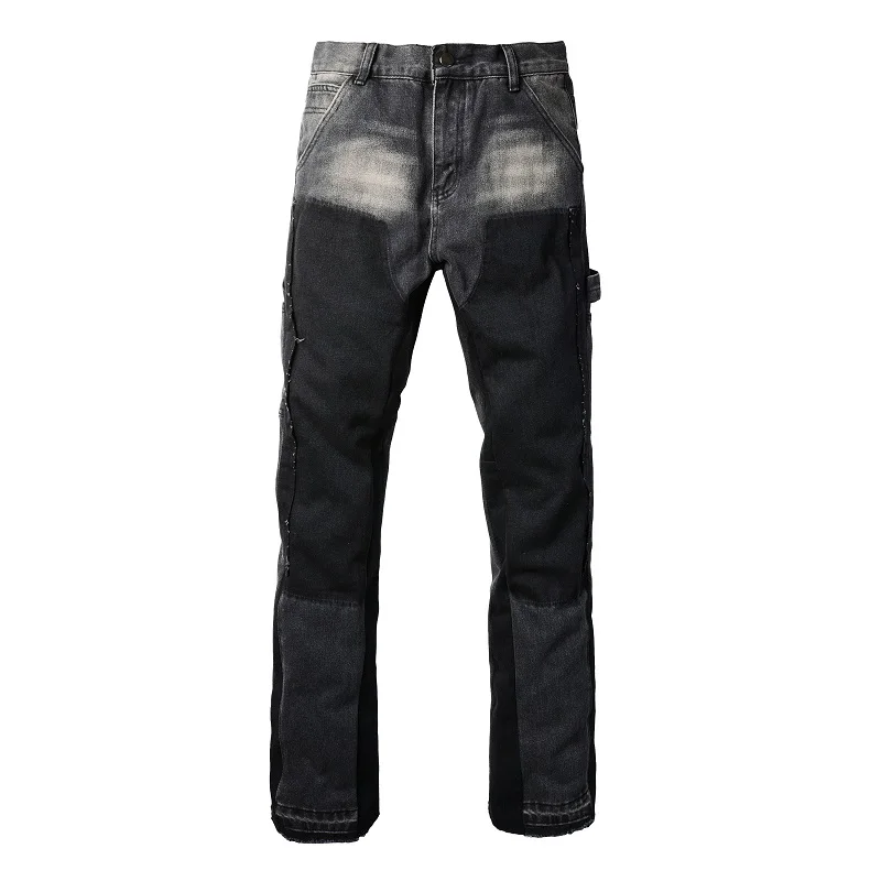 Men Release Hem Cargo Denim Jeans Spliced Patched Non Stretch Loose Boot Cut Pants Black Pockets Flared Carpenter Trousers