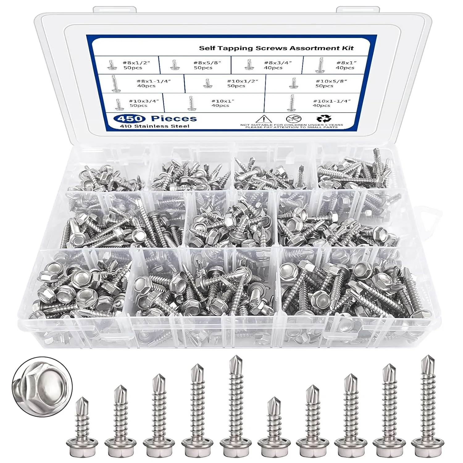 450PCS Metal Self Tapping Screws 410 Stainless Steel Self Drilling Screws #8 #10 Hex Head Metal Plate