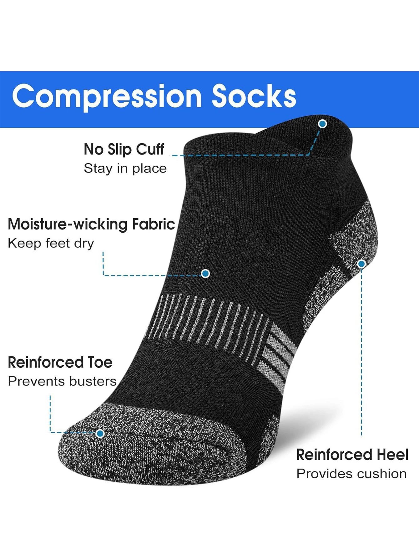 Men's Ankle Socks 6/12 Pairs Black White Grey Heel Tab Thick Cushioned Sweat Wicking Breathable Antislip Running Sports Socks view 2