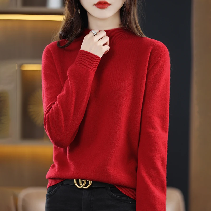 2024 New Half High Solid Color Cashmere Sweater Women Loose Pullover Autumn and Winter  Basic Cashmere Sweater Women