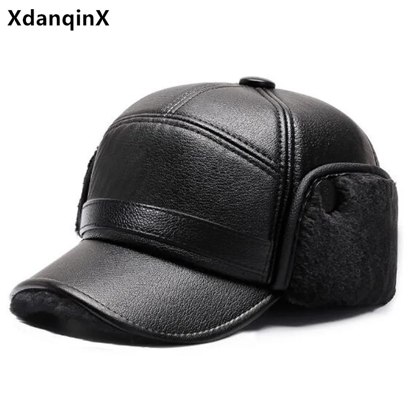 

New Winter PU Faux Leather Caps For Men Warm Baseball Cap Plush Thickened Earmuffs Hats Bone Cycling Hat Golf Cap Free Shipping