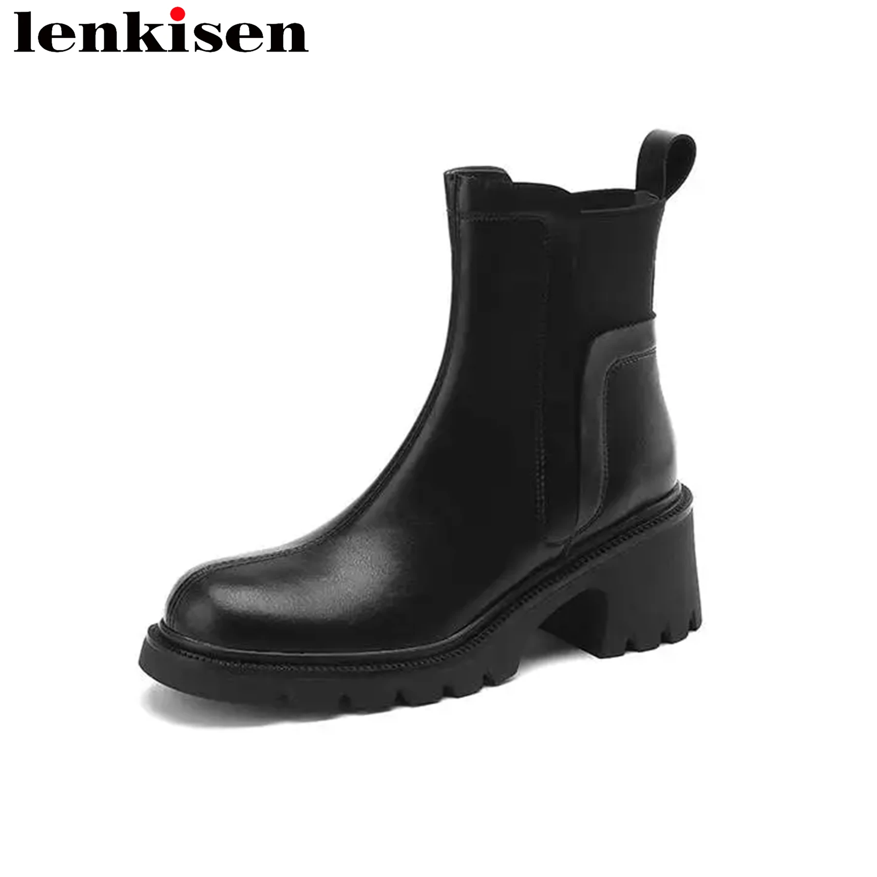 

Lenkisen 2024 New Arrivals Cow Leather Round Toe Thick Heel Winter Shoes Motorcycles Boots Non-slip Thick Bottom Ins Ankle Boots