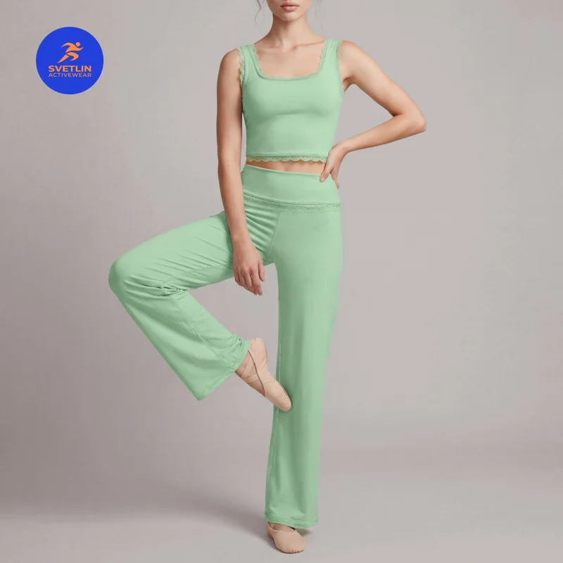 SVETLIN EU US Size High Quality Sports Yoga Wear Set Outfit Lace-Trim Sports Gym Wide-Leg Pants Two-Piece Set For Dance Training