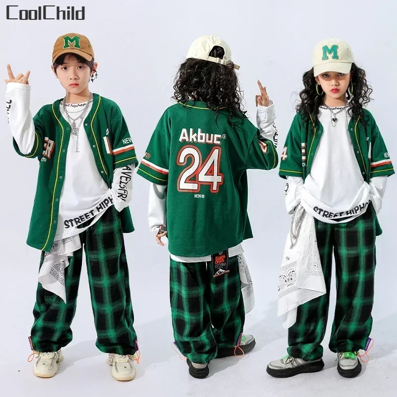 Boys Hip Hop Baseball Jacket Plaid Joggers Pants Girls Street Dance Cool Coat Streetwear Children Jazz Clothes Set Kids Costumes